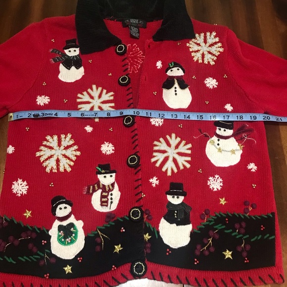 Vintage 90s Segue Red Knit Snowman Cardigan Sweater S Ugly Christmas swe… - Picture 4 of 6